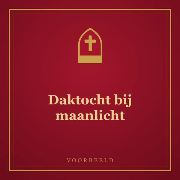 Sinterklaas rijdt op zijn schimmel over de besneeuwde daken van een slapende stad, voor een grote volle maan langs.