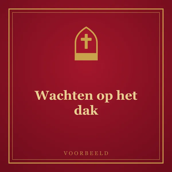 Het paard van Sinterklaas wacht bij het ochtendgloren geduldig op een besneeuwd dak, terwijl uit de schoorsteen de muts en de zwaaiende hand van een Piet opduiken.