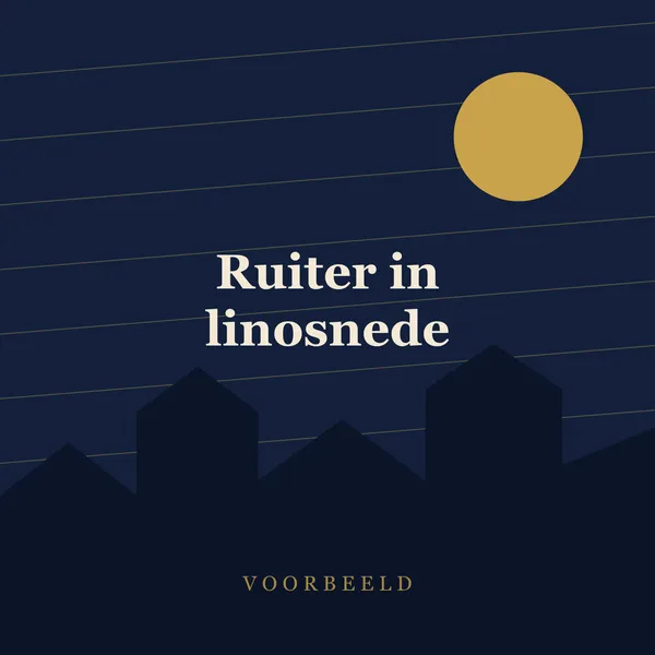 Sinterklaas rijdt in profiel over de daken, als krachtige linosnede in rood en nachtblauw op crèmekleurig papier.